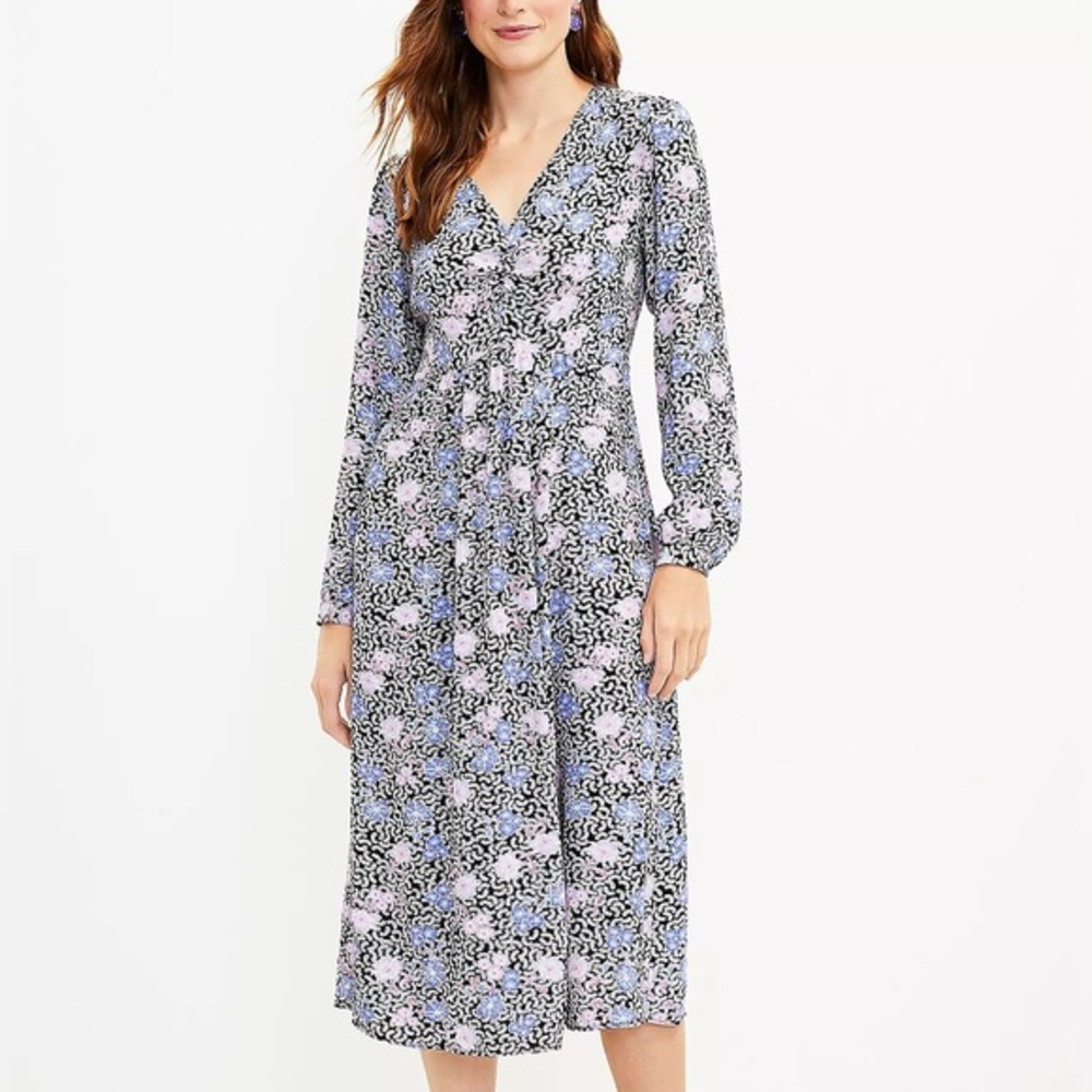 Loft Black White Purple Pink Floral Ruched Lightweight Midi Long Sleeve Dress 6